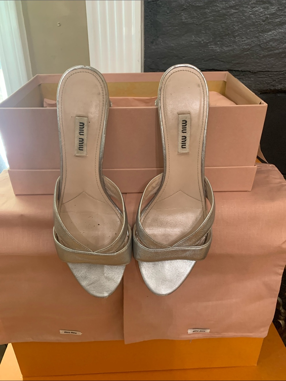 Miu Miu Metallic Silver Slide Mules